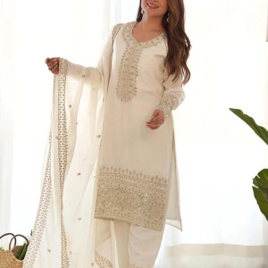White Chiffon Heavy Embroidered 3pcs
