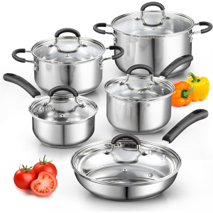 Cook N Home Stainless Steel Cookware Sets 10-Piece, Pots and Pans Kitchen Cooking Set with Stay-Cool Handles, Dishwasher Safe, Silver