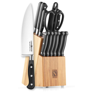 Cook N Home Kitchen Knife Set with Bamboo Storage Block 15-Piece, High Carbon Stainless Steel Blade, Black